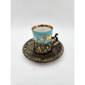 Vintage Arnart Japan Demitasse Tea Coffee Cup Brass Handle & Saucer Blue Gold